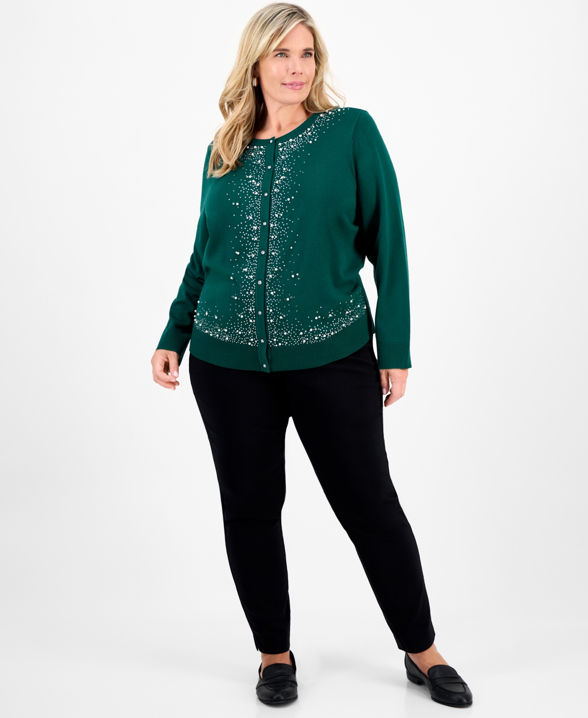 Jm Collection Plus Size Embellished Button-front Cardigan, Macy's Exclusive In Green