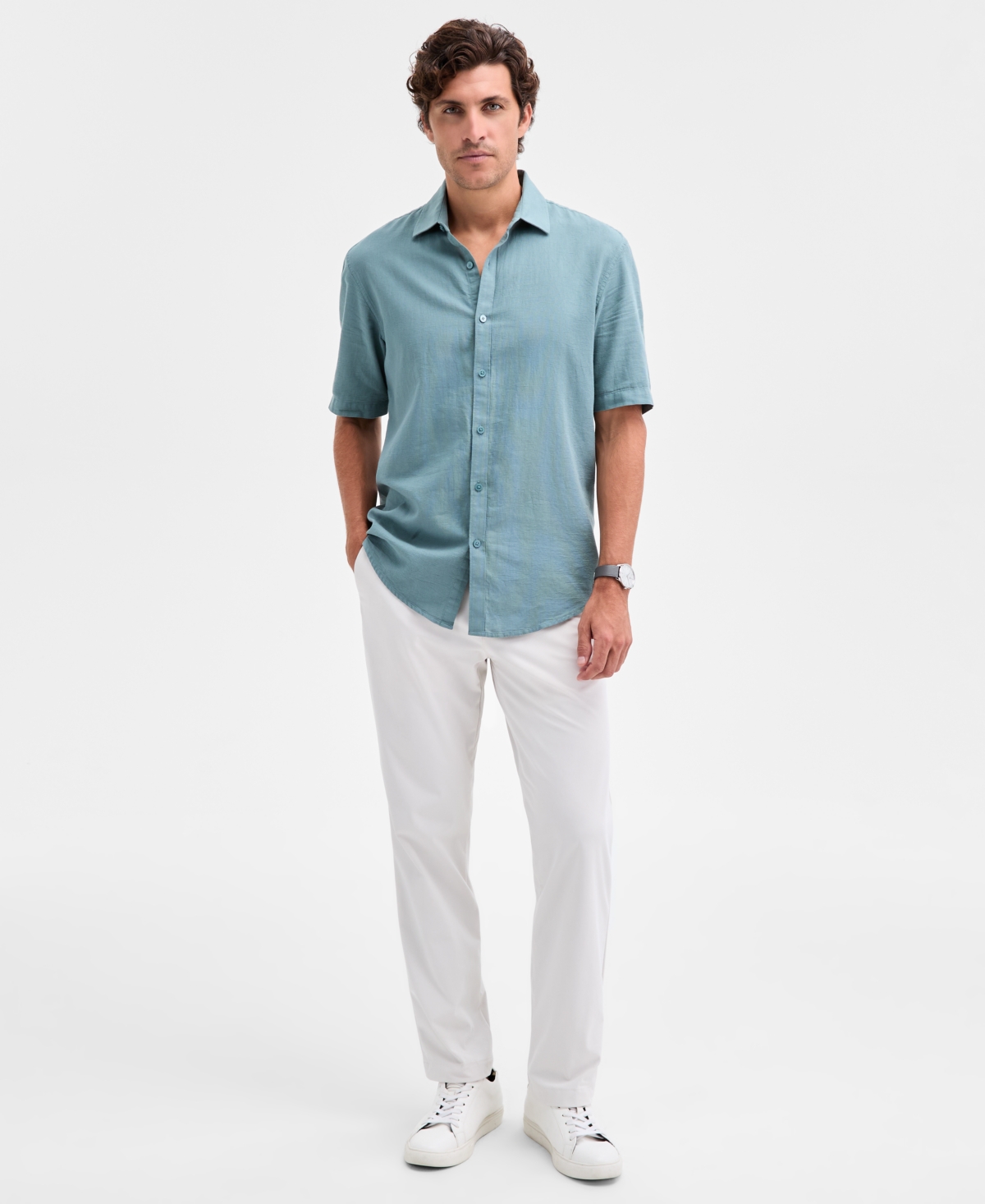 Alfani Men's Short-sleeve Solid Textured Shirt, Created For Macy's In Green