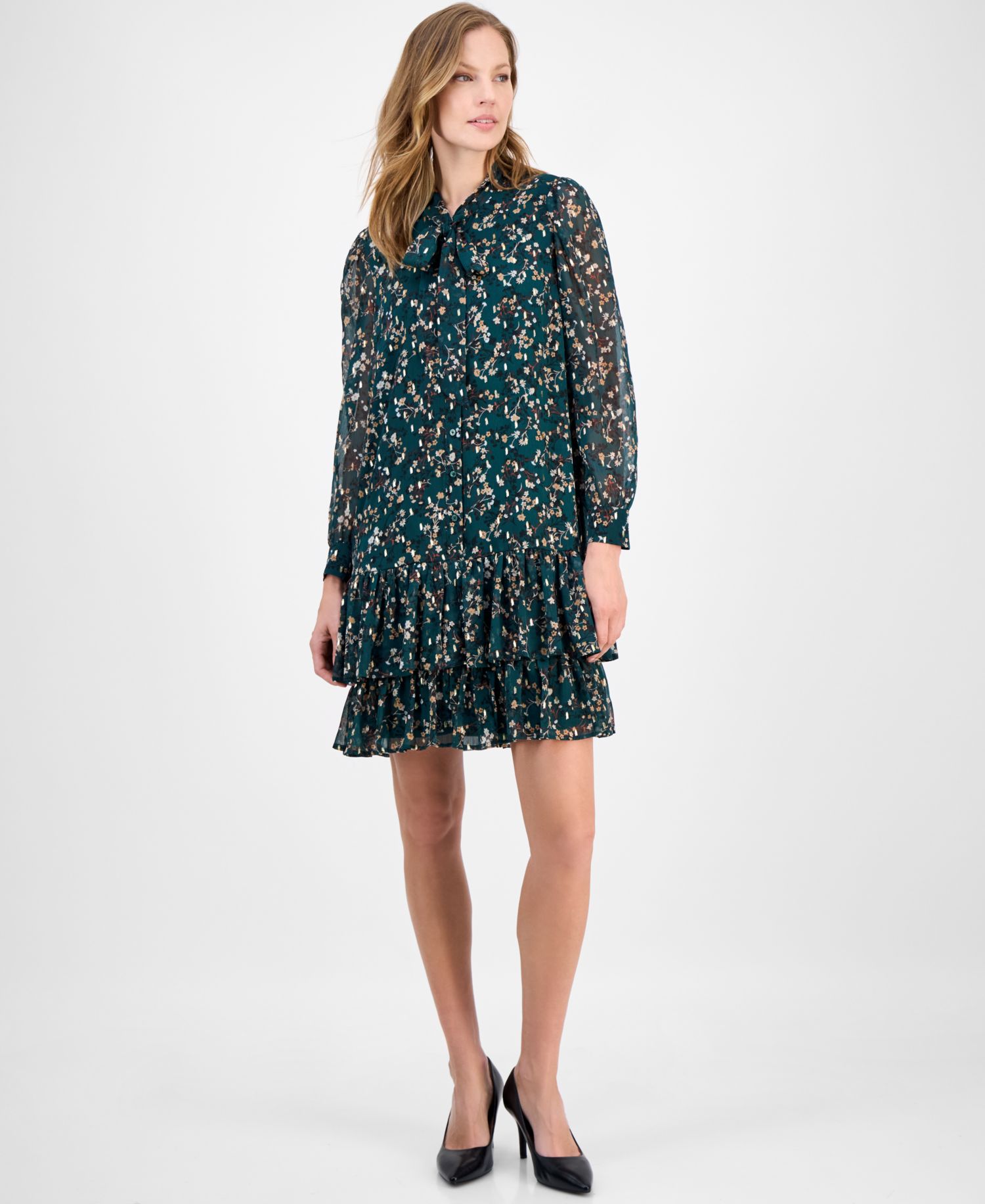 Women's Floral Print Blouson-Sleeve Shirtdress