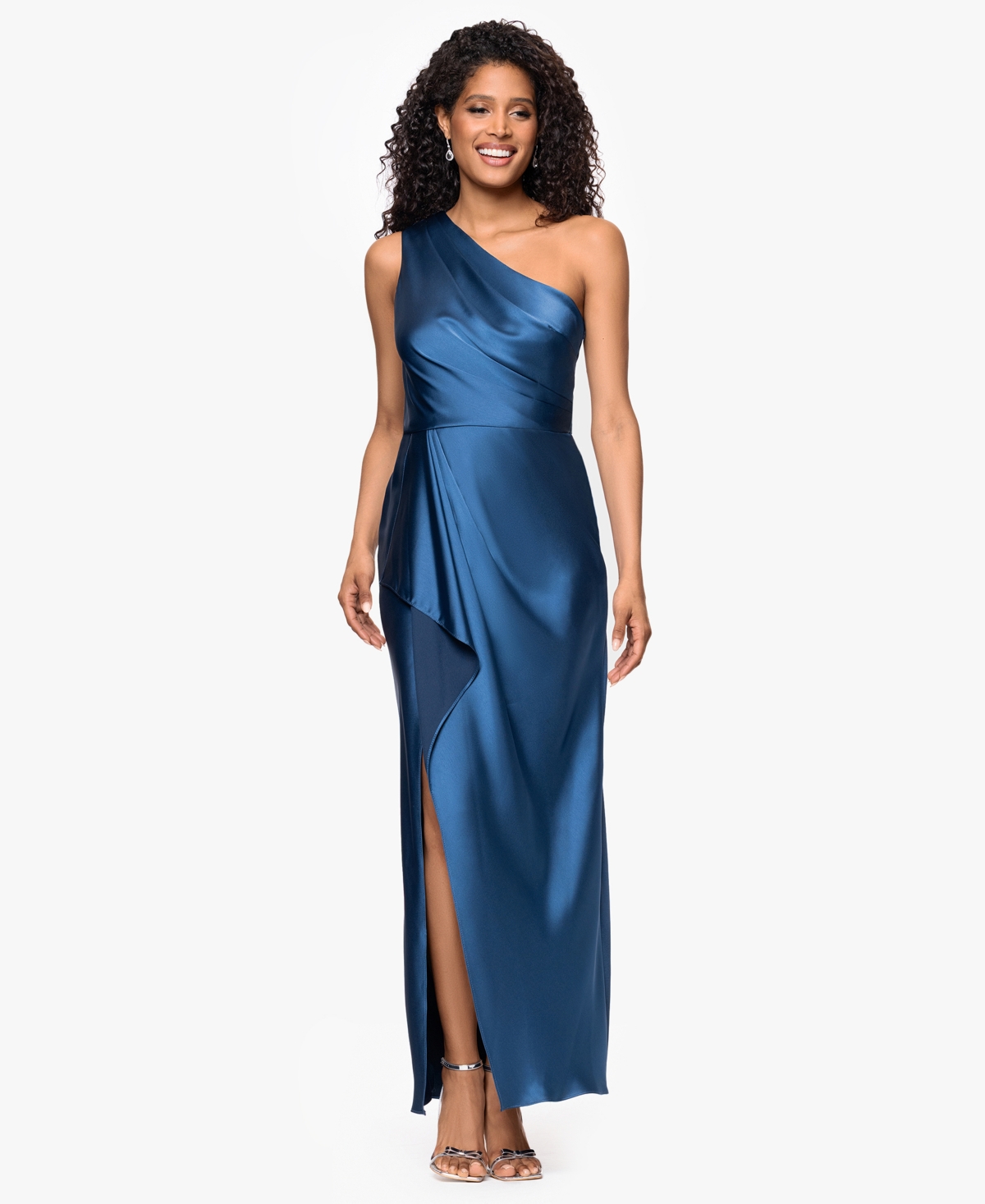 Xscape Women's Bridesmaid One Shoulder Satin Long Dress In Blue