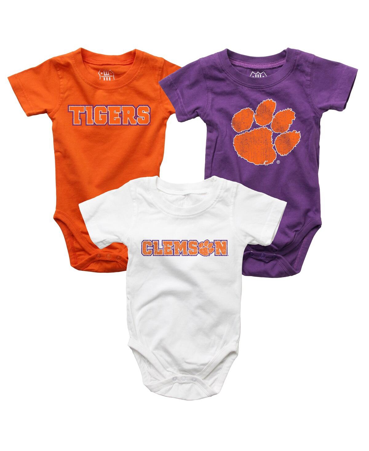 Wes & Willy Baby Boys And Girls 3-pack Purple/white/orange Clemson Tigers Bodysuit Set In Multi