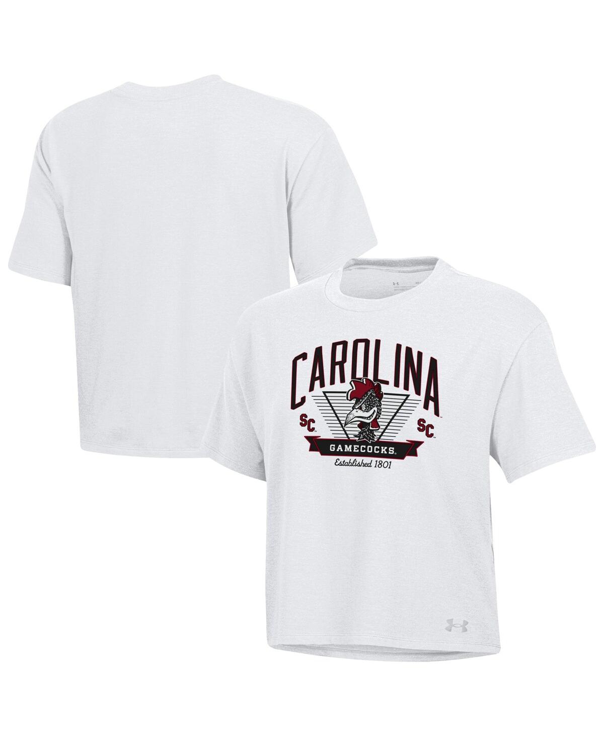 Under Armour Women's White South Carolina Gamecocks Essentials Icon Ultra-soft Tri-blend Boxy Cropped T-shirt In White