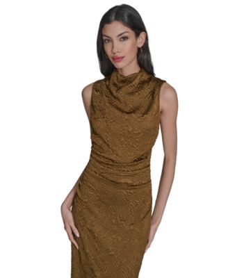 Women's Novelty Knit High Cowl Neck Ruche Waist Bodycon Dress
