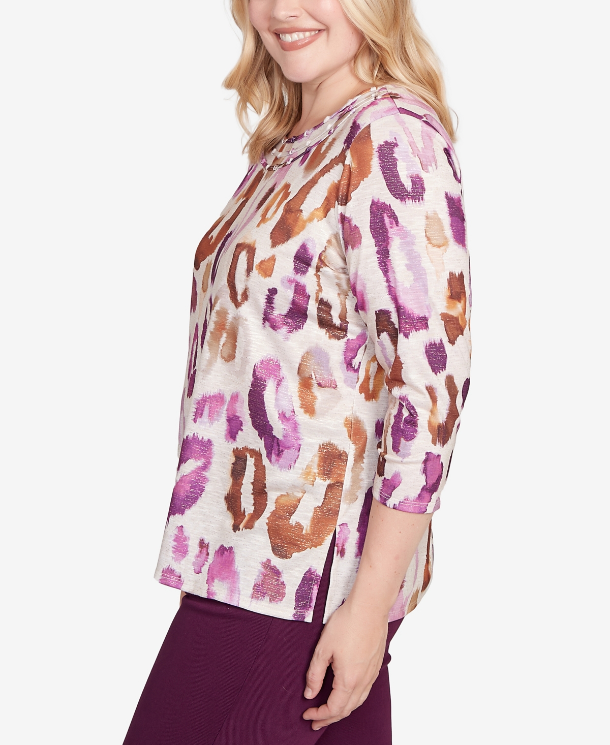 Alfred Dunner Petite Animal Print Knit Crewneck Top In Purple