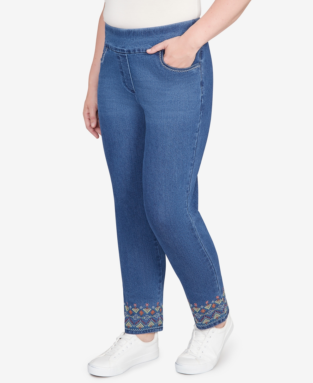 Alfred Dunner Petite Super Stretch Geometric Denim Ankle Pants In Blue