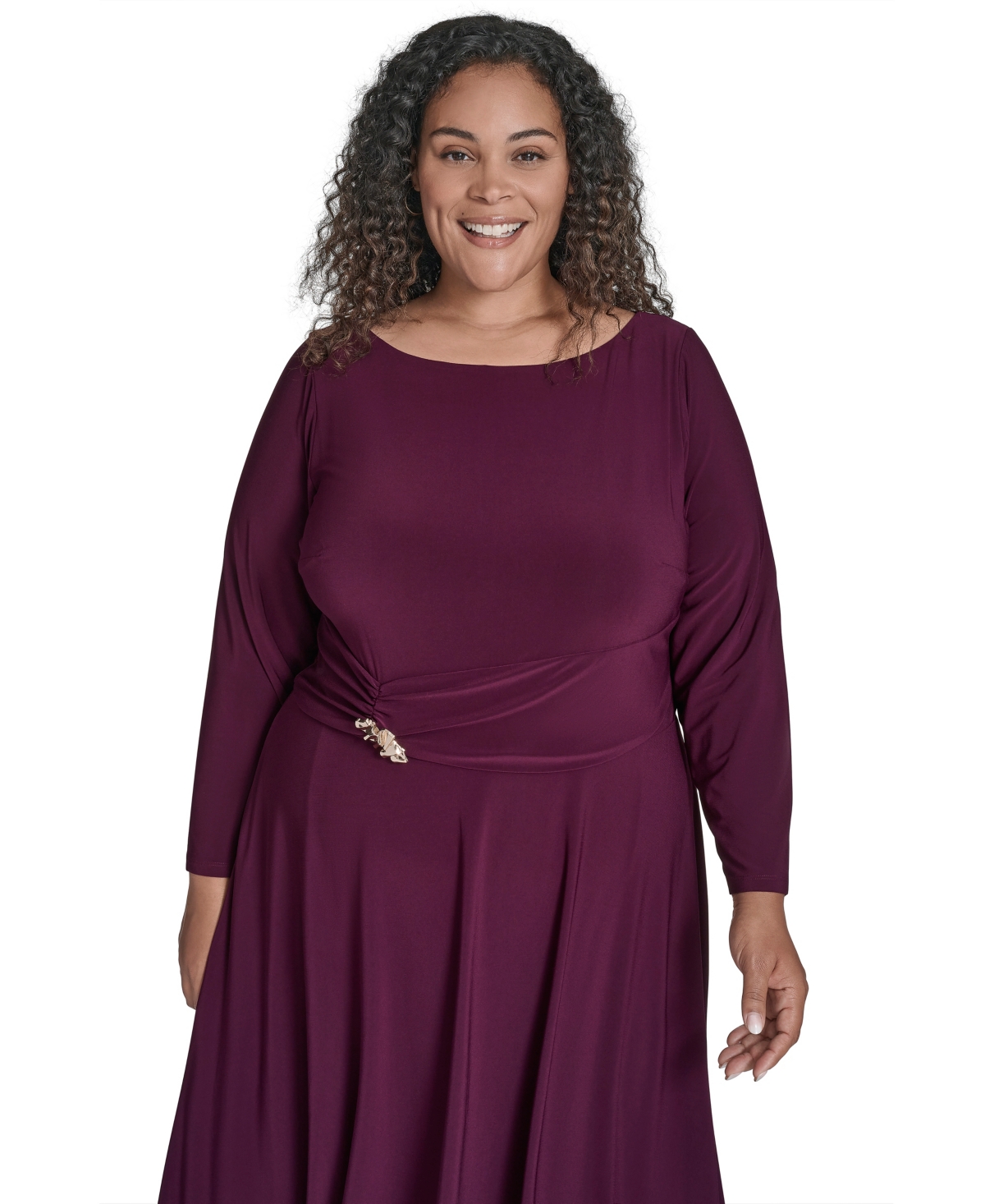 Jessica Howard Plus Size Boat Neck Asymmetric Side Ruched Midi Dress In Purple