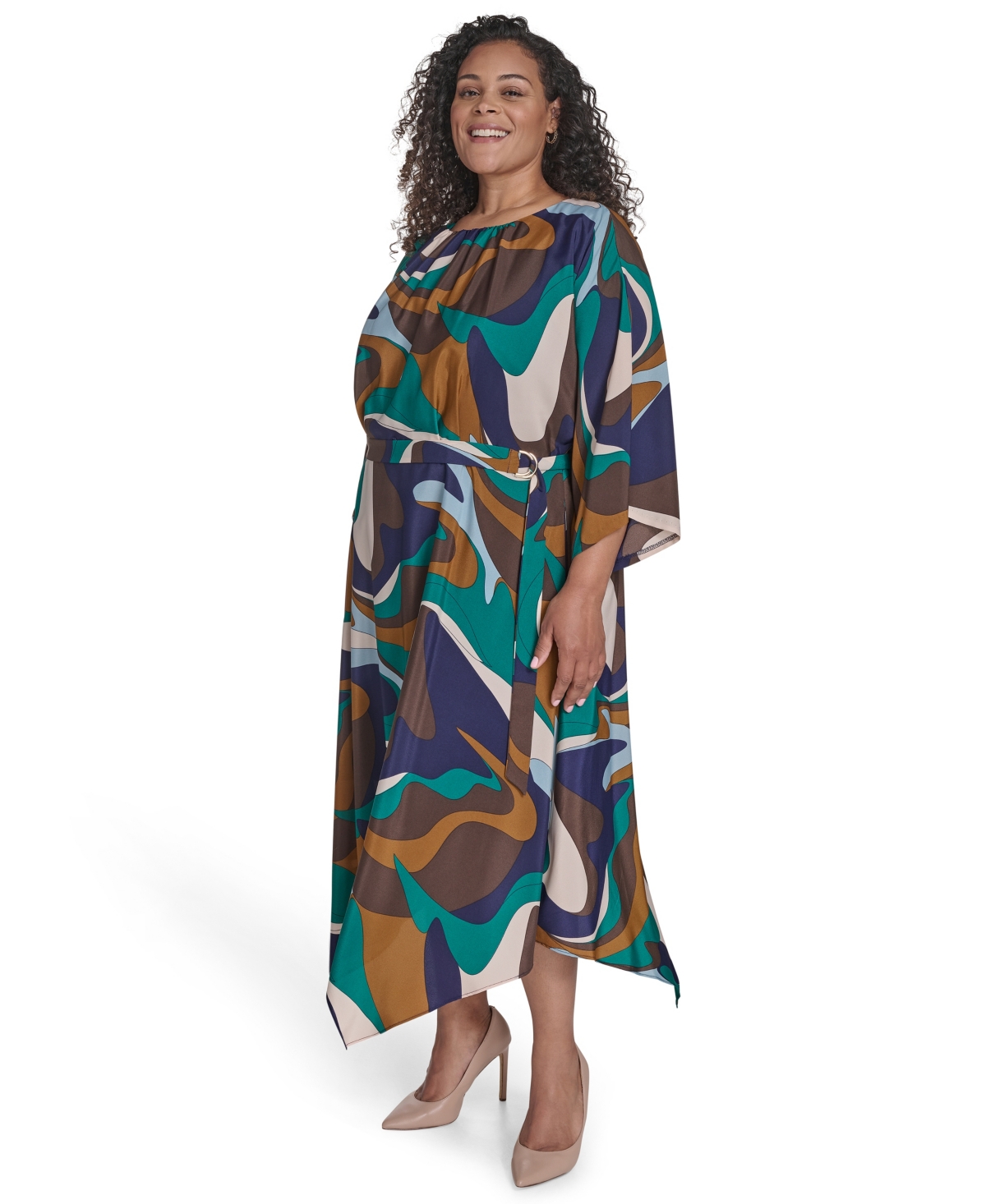 Jessica Howard Plus Size Dolman Sleeve Jewel Neck Belted Dress In Multi