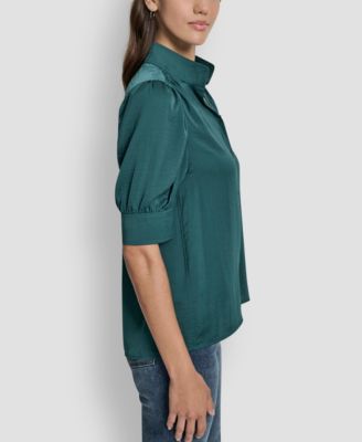 Women's Stand Collar Puff-Sleeve Shirt