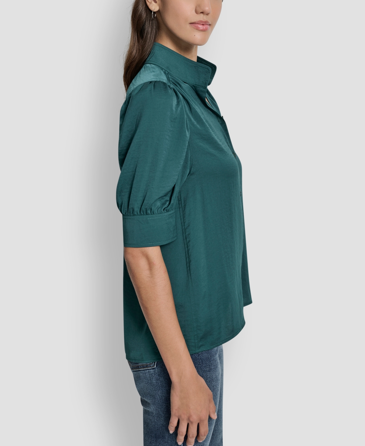 Dkny Jeans Women's Stand Collar Puff-sleeve Shirt In Green
