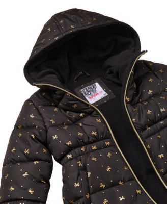 Toddler and Little Girls Foil Bow Puffer Jacket with Beanie