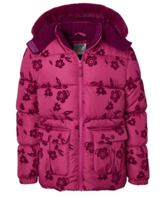 Toddler and Little Girls Flocked Floral Puffer Jacket
