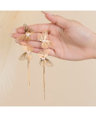 Long Butterfly Drop Earrings in Shimmering Gold-Tone