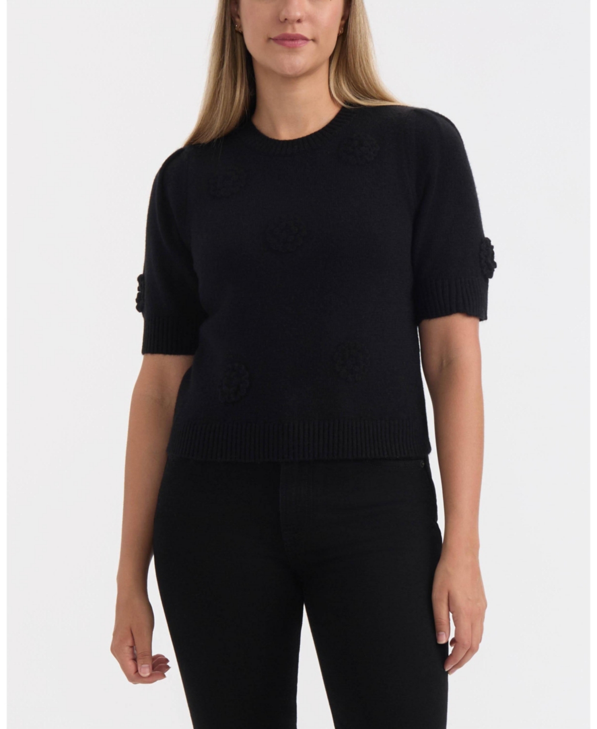 Ellen Tracy Women's Short Sleeve Sweater With Crochet Flowers In Black