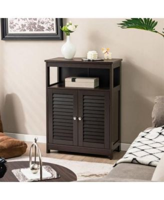 Farmhouse Bathroom Linen Cabinet with Louvered Doors and Open Storage Shelf