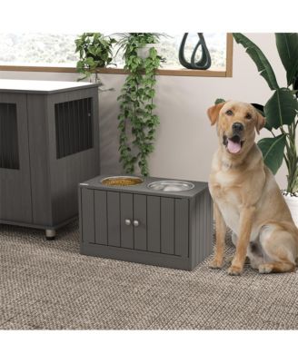 44in-L Gray Elevated Dog Bowls Storage Cabinet Raised Dog Bowl Stand Feeding Station