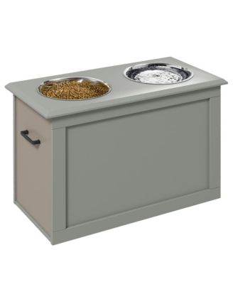 Gray Raised Pet Feeding Station Storage with 2 Stainless Steel Bowls for Large Dogs