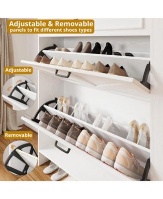 Shoe Storage Cabinet with 2 Flip Drawers and Barn Door, White/Walnut