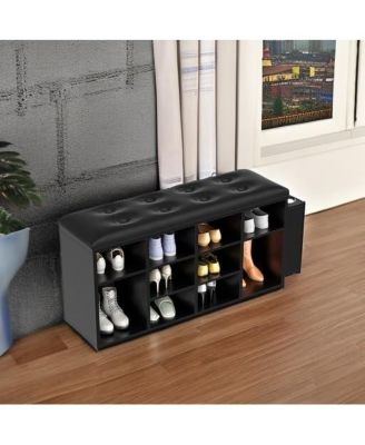 Shoe Bench, Ten Cubbies Storage Entryway Bench with PU Leather, Black