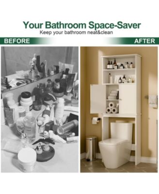 Over-Bathroom Storage Cabinet with Double Doors & Adjustable Shelf - White Freestanding Bathroom Organizer with Open Shelf