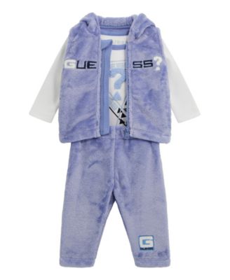 GUESS - Baby Boys 3-Piece Long-Sleeve Bodysuit, Plush Velour Hooded Vest and Plush Velour Pant Set