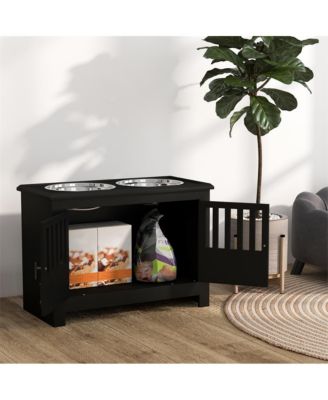 37in-L Black Elevated Dog Bowls Storage Cabinet Raised Dog Bowl Stand Feeding Station