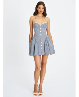 Women Melody Navy Blue Railroad Stripe Halter Drop Waist Mini Dress