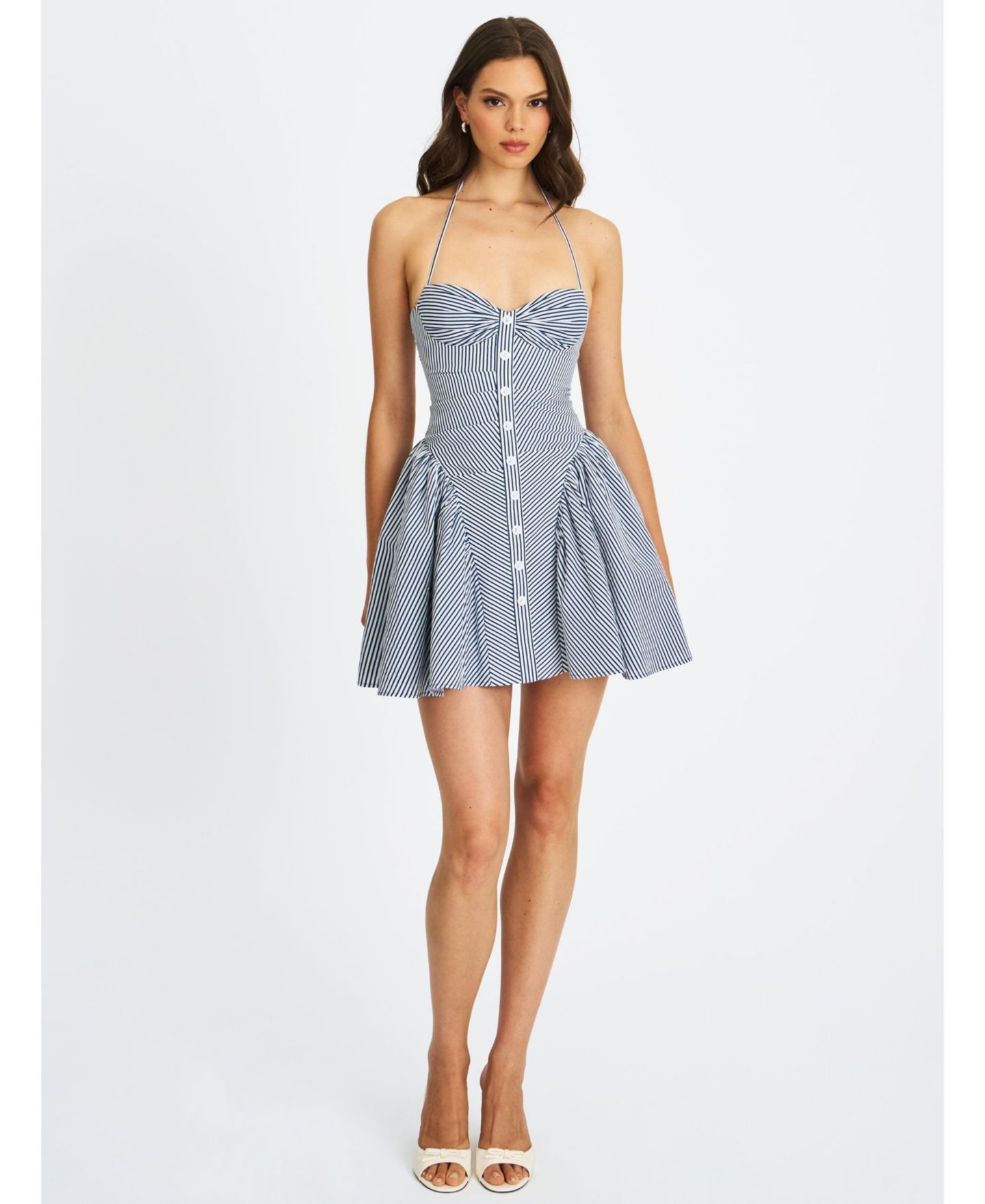 Женское платье Miss Circle Women Melody Navy Blue Railroad Stripe Halter Drop Waist Mini, цвет: Тёмно-синий белый полосатый — фото 2