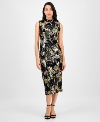 Anne Klein - Women's Mock-Neck Sleeveless Sequined Midi Dress