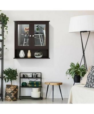 Wood Bathroom Wall Cabinet with Mirrored Doors and Interior Storage Shelf