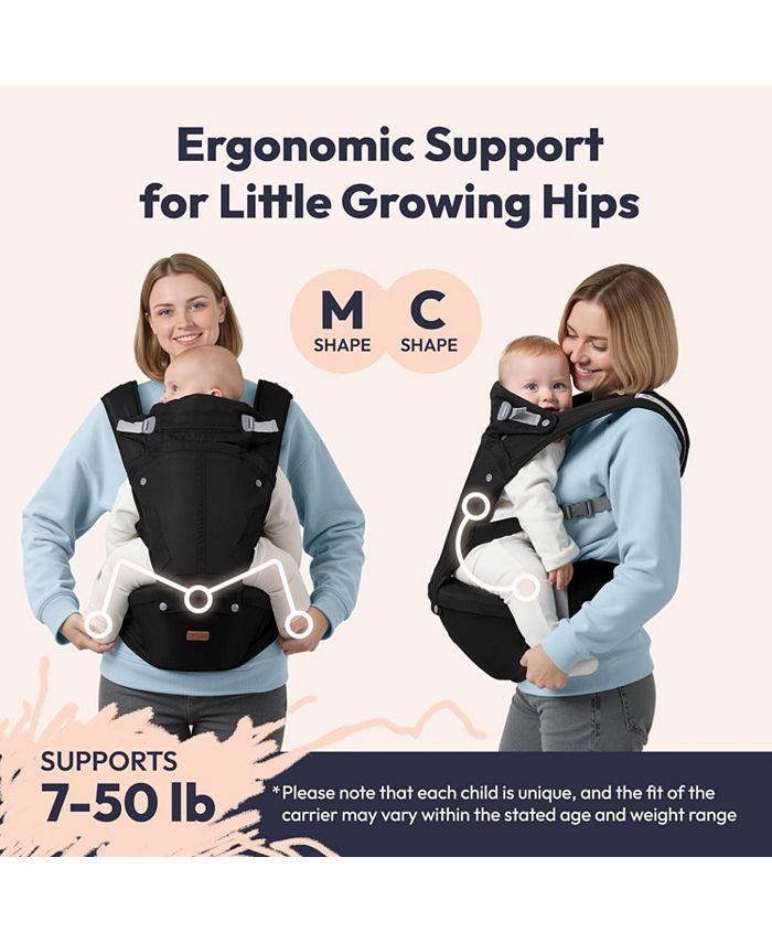 BabbleRoo Kids Carrier 6 in 1 Carrier with Hip Seat, Comfy & Adjustable Kangaroo Rose - Black