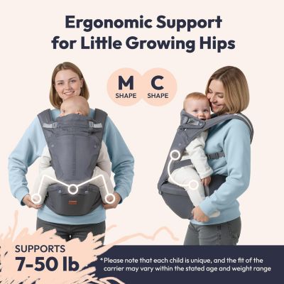 Kids 6-in-1 Carrier with Hip Seat and Lumbar Support, Ergonomic & Adjustable for Newborn to with Sunshade, Black