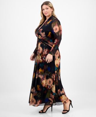 Plus Size Long-Sleeve Twist-Front Mesh Maxi Dress