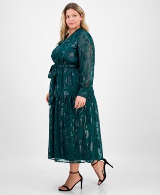 Plus Size Floral Jacquard Blouson-Sleeve Midi Dress