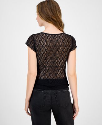 Juniors' Square-Neck Cap-Sleeve Lace Top
