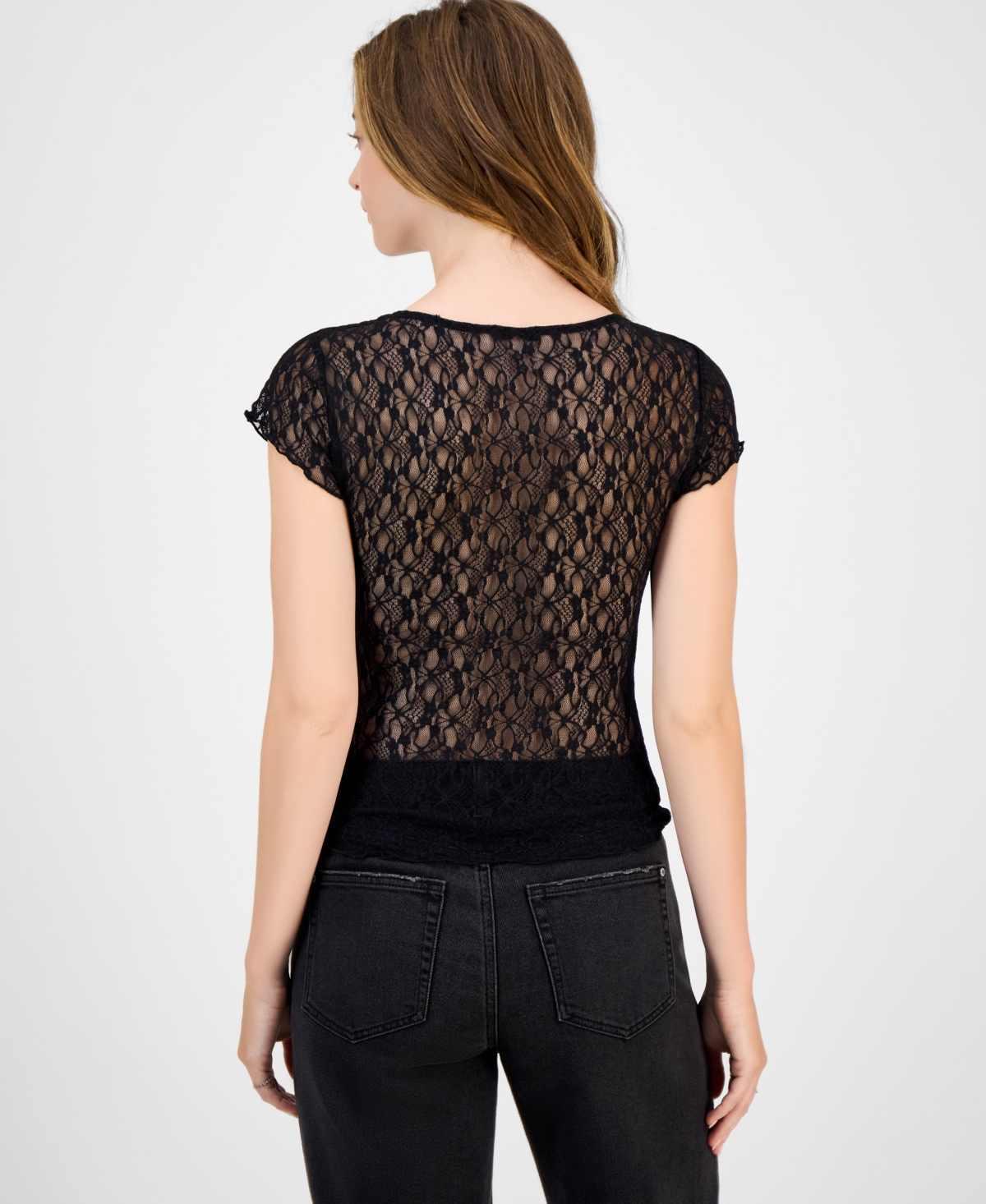 Planet Gold Juniors' Square-neck Cap-sleeve Lace Top In Black