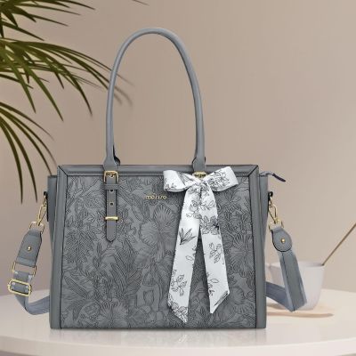 Gray 17-17.3 Inch PU Leather Laptop Tote Bag for Women - Compatible with MacBook, HP, Dell, Asus - Retro Hibiscus Embossed Computer Bag