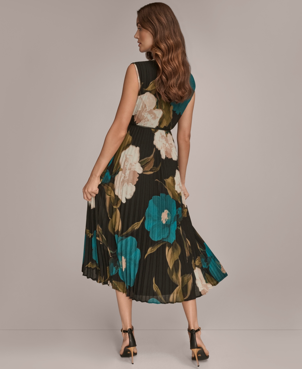 Donna Karan New York Floral Pleated Tie Belt Georgette Cocktail Dress In Multi