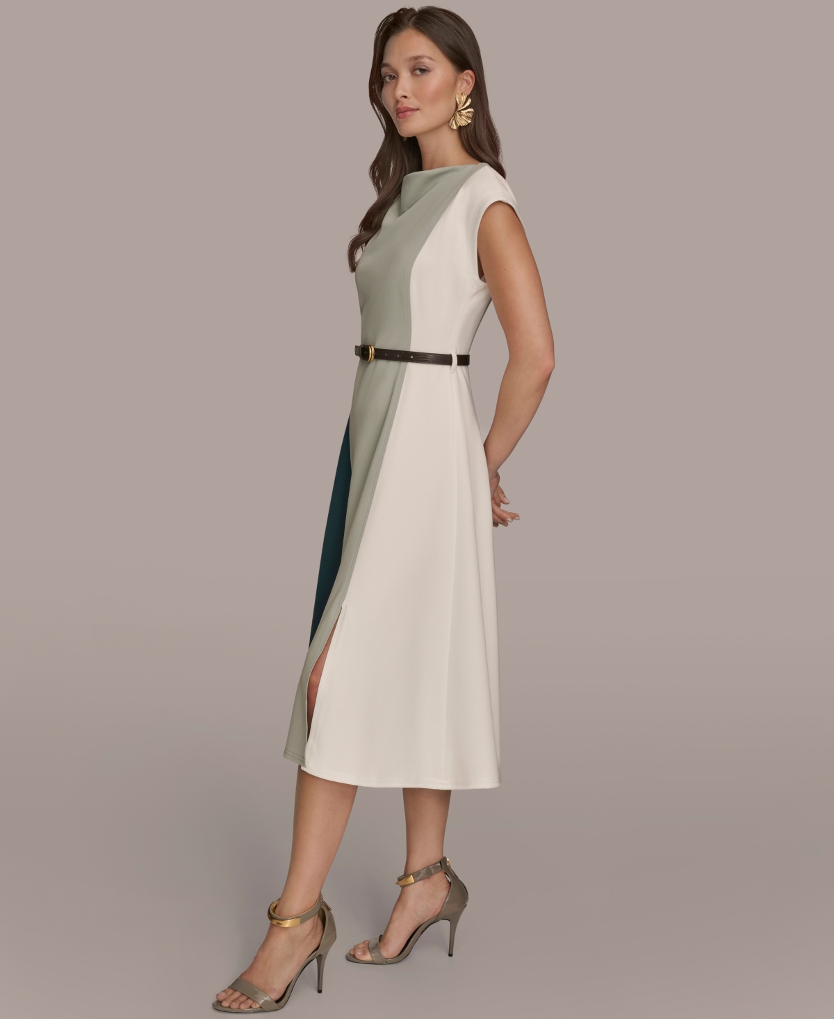 Donna Karan Colorblock Sleeveless Midi Dress In Gray