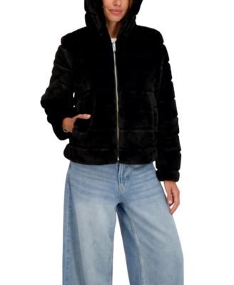 Women's Hooded Grooved Short Faux Fur Jacket