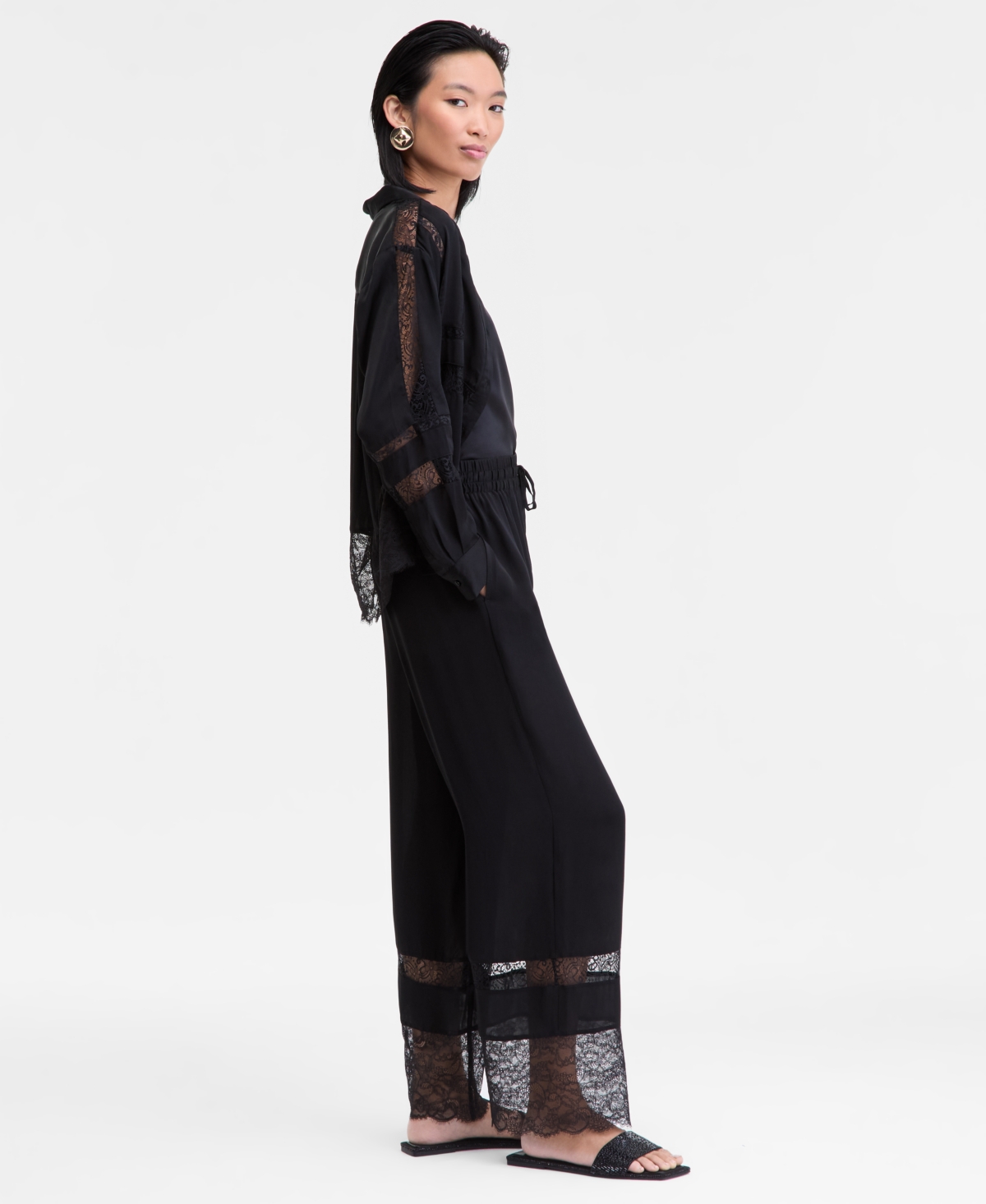 Inc International Concepts Women's Lace-hem Pull-on Pants, Macy's Exclusive In Black