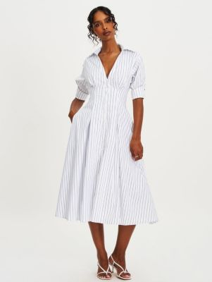 Women's Palina Pinstripes Cotton Poplin Pleated Midi Preppy Shirt Dress