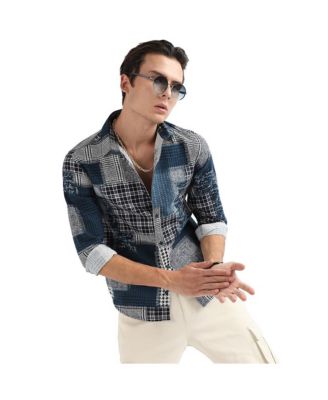 Men's Navy Blue Herringbone Block Shirt