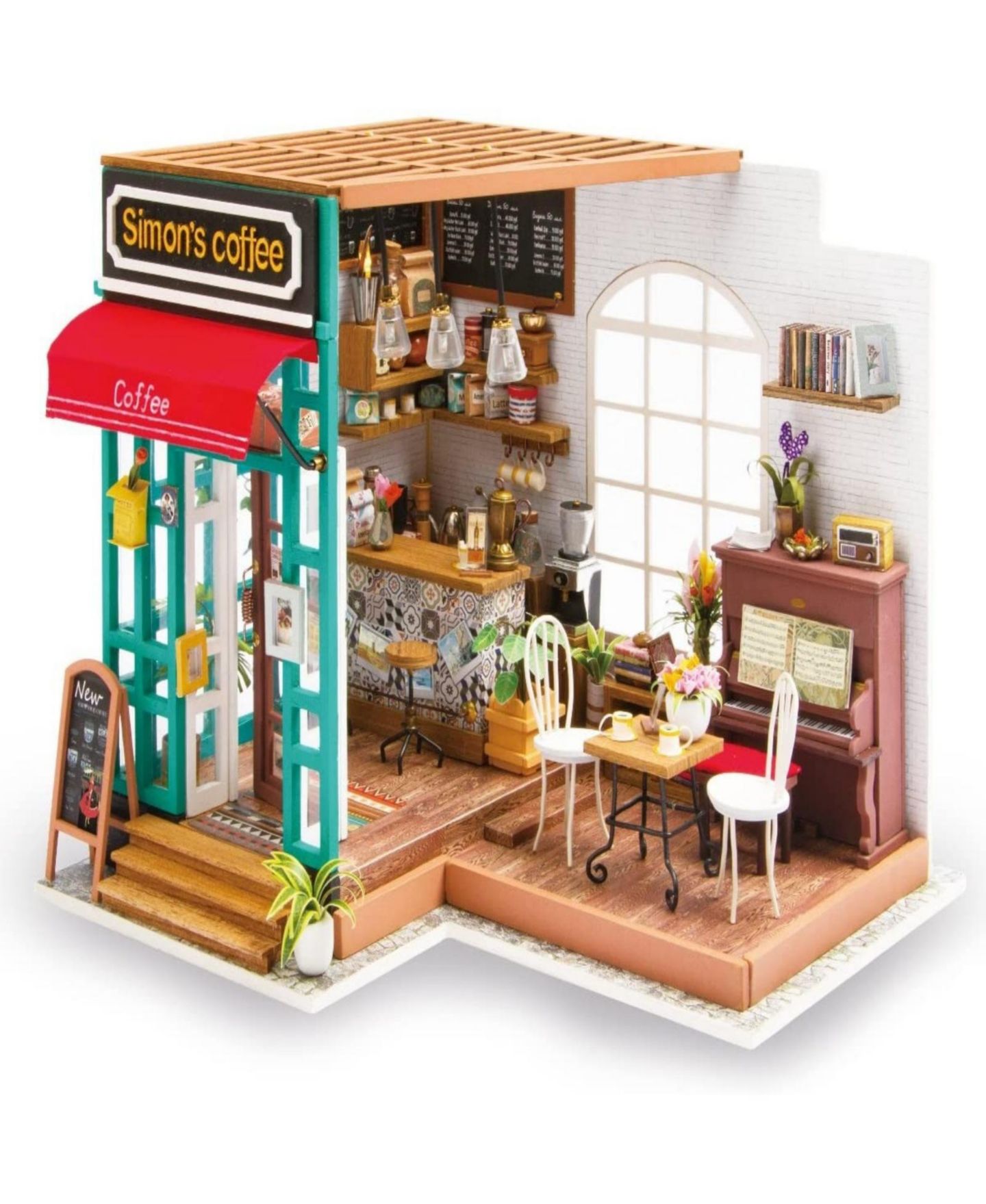 Сборный миниатюрный дом Robotime Coffee House с мебелью, 7.4 x 7.4 x 8.1 дюйма — фото 1