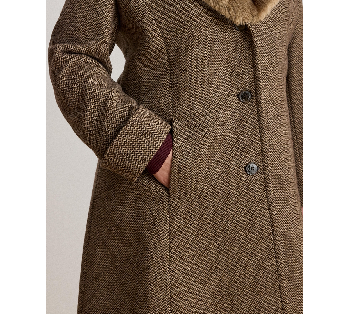 Ralph Lauren Plus Size Faux-fur-collar Coat In Brown