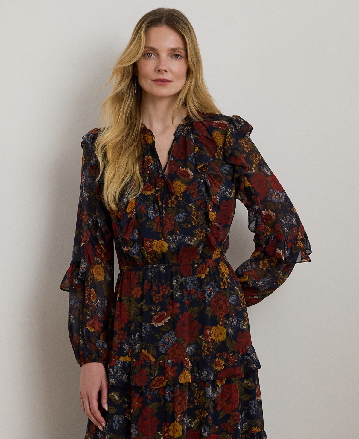 Lauren Ralph Petite Floral Crinkle Georgette Tiered Dress