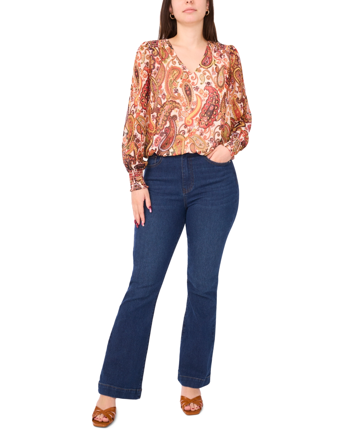 Sam & Jess Women's Smocked Waist V-neck Woven Top In Brown