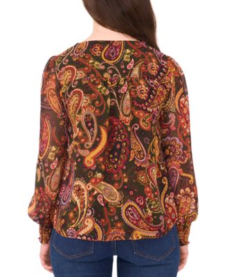 Petite Smocked Shoulder V-Neck Blouse Top