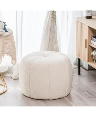 - White Boucl&eacute; with Stripes Pouf Vintage Style Upholstery Living Room