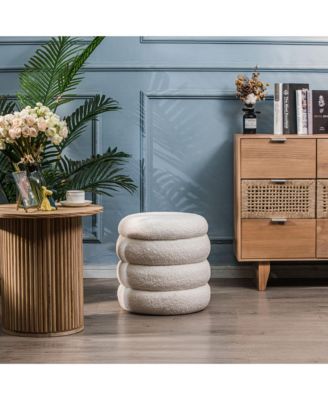 - White Boucl&eacute; Pouf with Storage Vintage Style Upholstery Living Room