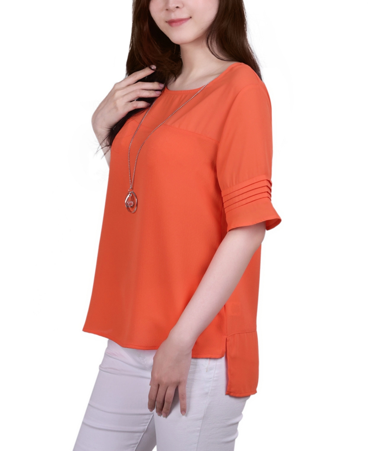 Ny Collection Petite Short Sleeve Dual Textured Top In Orange